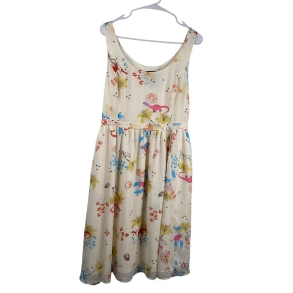 Modcloth Dress Women's Dinosaur Rocket ship Novelty Print Cream Sz L
